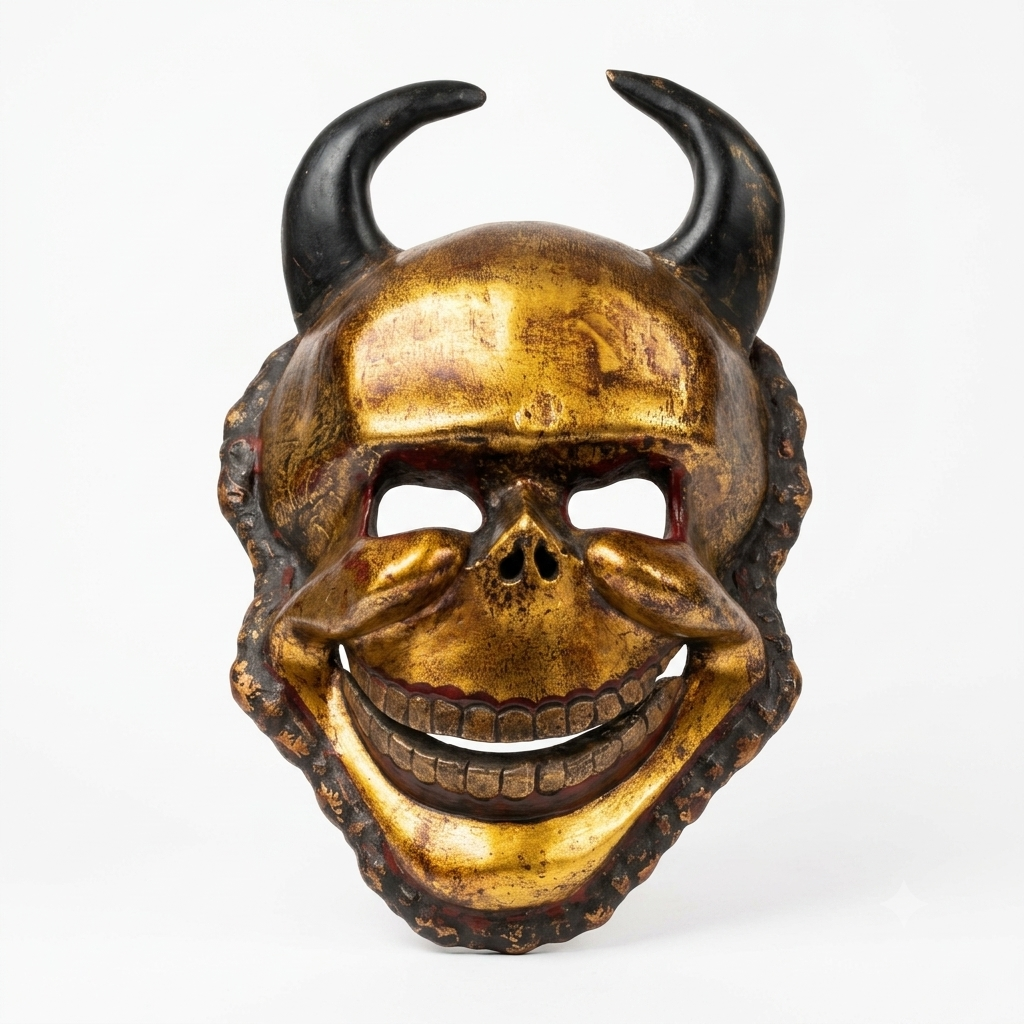Antique Gold Kâlî Demon Mask with Horns and Elaborate Red Filigree
