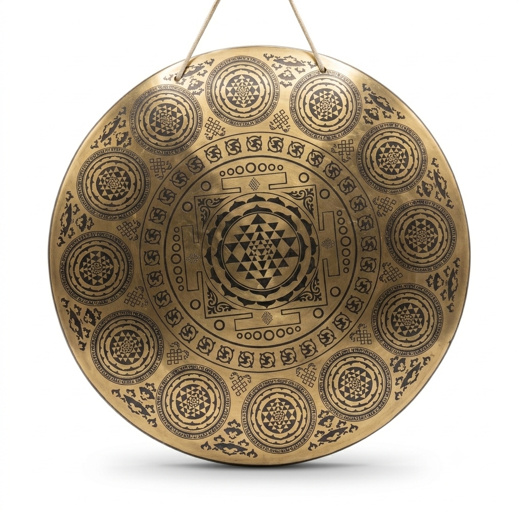 Artisan Etched Sacred Geometry Brass Gong with Mandala Motifs
