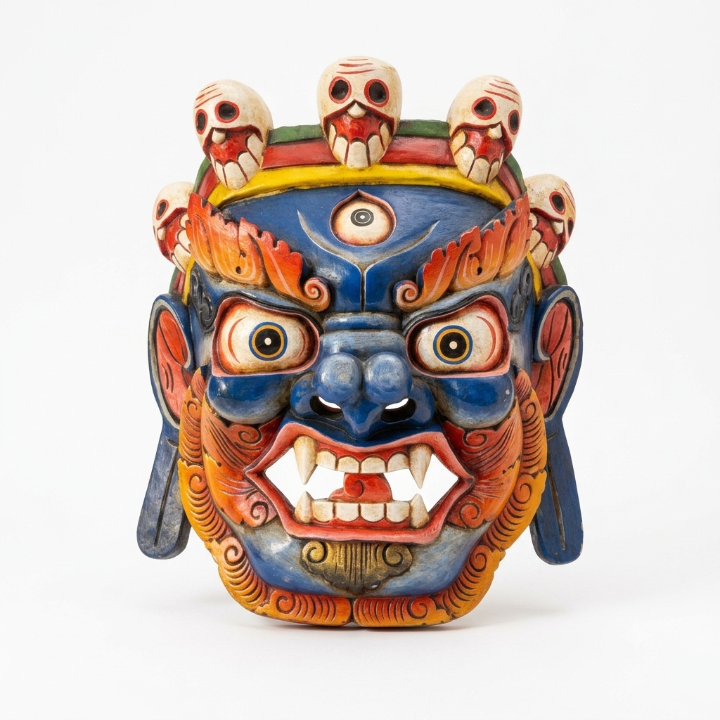 Hand-Carved Tibetan Mahakala Wrathful Deity Mask with Skull Crown