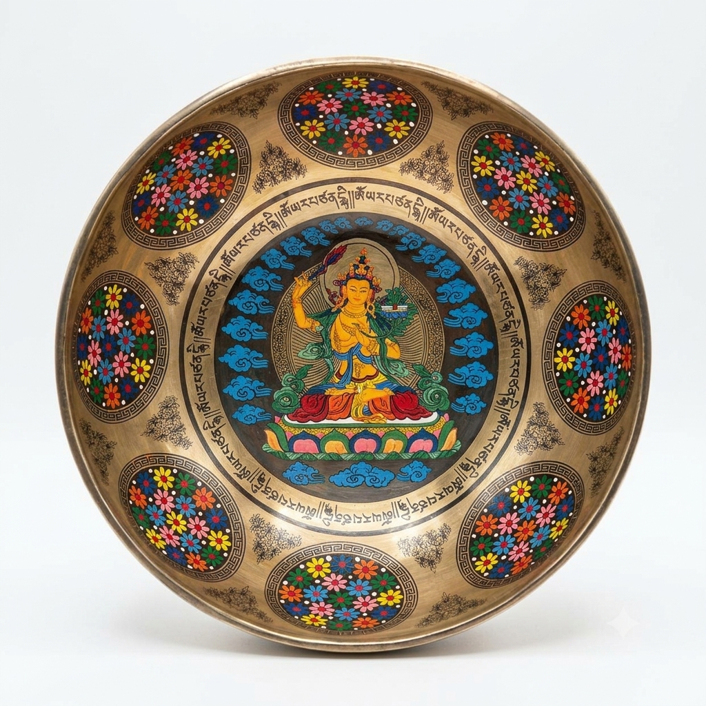 Hand-Hammered 7-Metal Singing Bowl with Painted Green Tara and Mantra