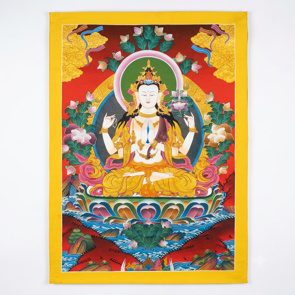 Hand-Painted Chenrezig (Avalokiteshvara) Tibetan Thangka Painting – 4-Armed Buddha of Compassion