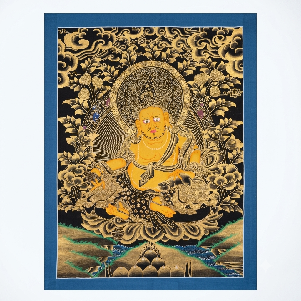 Hand-Painted Yellow Kubera (Jambhala) Gold Thangka Painting